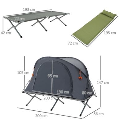 Ensemble tente de camping 3 en 1 avec lit de camp, tente, matelas gonflable gris
