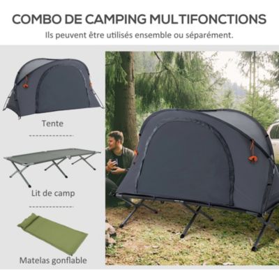 Ensemble tente de camping 3 en 1 avec lit de camp, tente, matelas gonflable gris