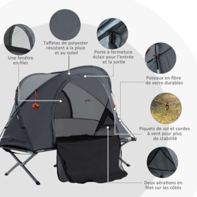 Ensemble tente de camping 3 en 1 avec lit de camp, tente, matelas gonflable gris