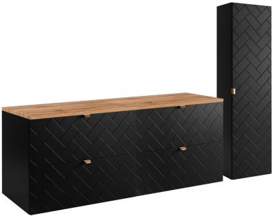 Ensemble un meuble sous vasque 160 cm avec le plan CHÊNE et une colonne 35/136 cm à suspendre MADIS NOIR