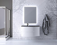Ensemble Vague L.104 cm meuble sous vasque à suspendre blanc brillant + complément droit + plan vasque verre noir mat
