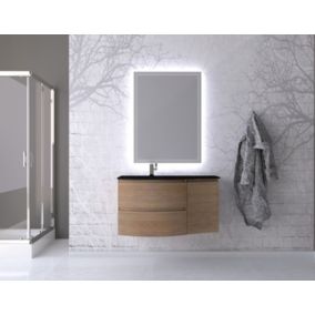 Ensemble Vague L.104 cm meuble sous vasque à suspendre décor bois + complément droit + plan vasque verre noir mat