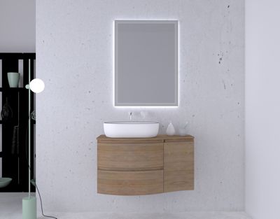Ensemble Vague L.104 cm meuble sous vasque à suspendre décor bois + plan de toilette + complément droit