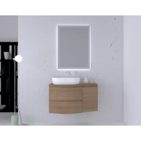 Ensemble Vague L.104 cm meuble sous vasque à suspendre décor bois + plan de toilette + complément droit