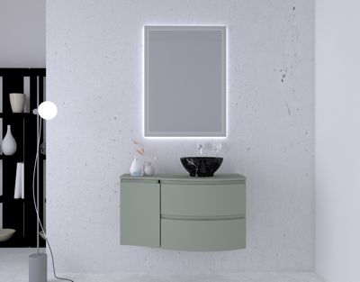 Ensemble Vague L.104 cm meuble sous vasque à suspendre kaki mat + plan de toilette + complément gauche