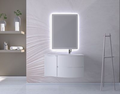 Ensemble Vague L.104 cm meuble sous vasque blanc mat à suspendre + complément gauche + plan vasque résine blanc