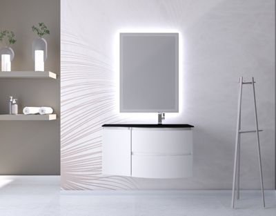 Ensemble Vague L.104 cm meuble sous vasque blanc mat à suspendre + complément gauche + plan vasque verre noir mat