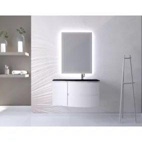 Ensemble Vague L.104 cm meuble sous vasque blanc mat à suspendre + complément gauche + plan vasque verre noir mat