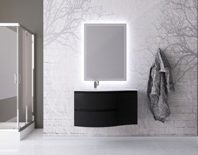 Ensemble Vague L.104 cm meuble sous vasque noir mat à suspendre + complément droit + plan vasque résine blanc