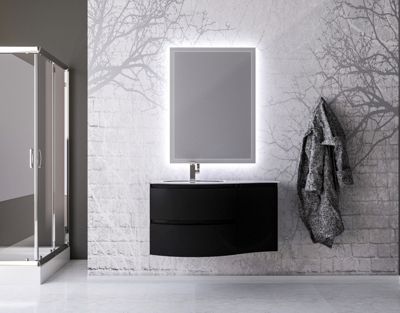 Ensemble Vague L.104 cm meuble sous vasque noir mat à suspendre + complément droit + plan vasque verre blanc