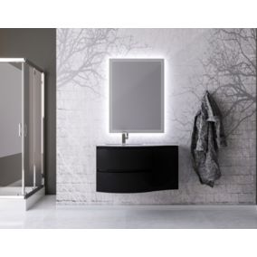 Ensemble Vague L.104 cm meuble sous vasque noir mat à suspendre + complément droit + plan vasque verre blanc