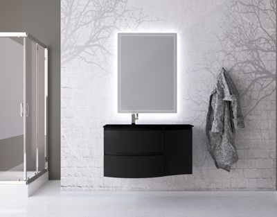 Ensemble Vague L.104 cm meuble sous vasque noir mat à suspendre + complément droit + plan vasque verre noir