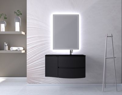 Ensemble Vague L.104 cm meuble sous vasque noir mat à suspendre + complément gauche + plan vasque verre noir mat