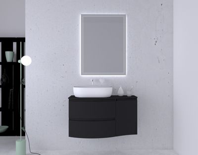Ensemble Vague L.104 cm meuble sous vasque noir mat à suspendre + plan de toilette + complément droit