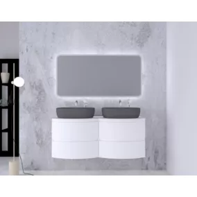 Ensemble Vague L.138 cm meuble sous vasque à suspendre blanc mat + plan de toilette double blanc mat