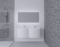 Ensemble Vague L.138 cm meuble sous vasque à suspendre blanc mat + plan double vasque résine blanc