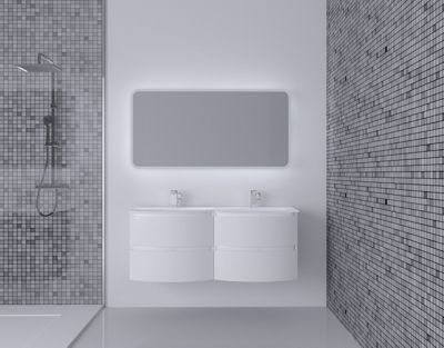Ensemble Vague L.138 cm meuble sous vasque à suspendre blanc mat + plan double vasque résine blanc