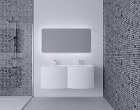 Ensemble Vague L.138 cm meuble sous vasque à suspendre blanc mat + plan double vasque verre blanc