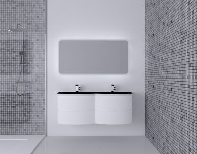 Ensemble Vague L.138 cm meuble sous vasque à suspendre blanc mat + plan double vasque verre noir mat