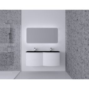 Ensemble Vague L.138 cm meuble sous vasque à suspendre blanc mat + plan double vasque verre noir mat