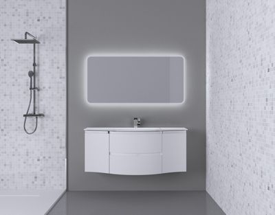 Ensemble Vague L.138 cm meuble sous vasque à suspendre blanc mat + plan vasque central résine blanc