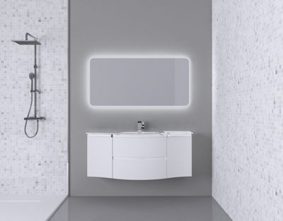 Ensemble Vague L.138 cm meuble sous vasque à suspendre blanc mat + plan vasque central verre blanc