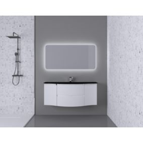 Ensemble Vague L.138 cm meuble sous vasque à suspendre blanc mat + plan vasque central verre noir mat
