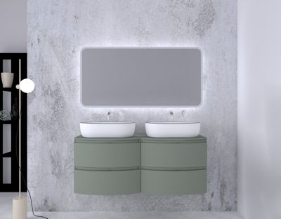 Ensemble Vague L.138 cm meuble sous vasque à suspendre kaki mat + plan de toilette double