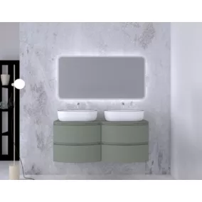Ensemble Vague L.138 cm meuble sous vasque à suspendre kaki mat + plan de toilette double