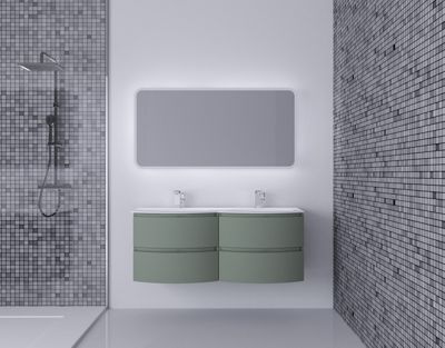 Ensemble Vague L.138 cm meuble sous vasque à suspendre kaki mat + plan double vasque résine blanc