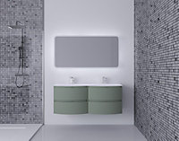 Ensemble Vague L.138 cm meuble sous vasque à suspendre kaki mat + plan double vasque verre blanc
