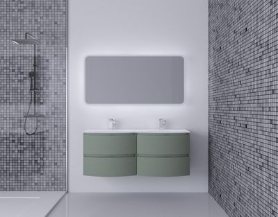 Ensemble Vague L.138 cm meuble sous vasque à suspendre kaki mat + plan double vasque verre blanc