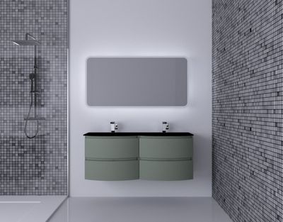 Ensemble Vague L.138 cm meuble sous vasque à suspendre kaki mat + plan double vasque verre noir mat