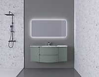 Ensemble Vague L.138 cm meuble sous vasque à suspendre kaki mat + plan vasque central verre blanc