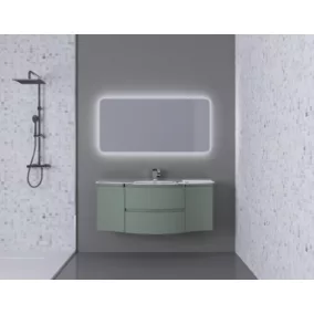 Ensemble Vague L.138 cm meuble sous vasque à suspendre kaki mat + plan vasque central verre blanc