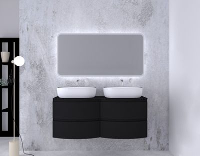Ensemble Vague L.138 cm meuble sous vasque à suspendre noir mat + plan de toilette double