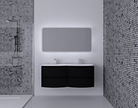 Ensemble Vague L.138 cm meuble sous vasque à suspendre noir mat + plan double vasque résine blanc