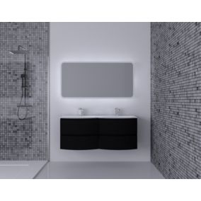 Ensemble Vague L.138 cm meuble sous vasque à suspendre noir mat + plan double vasque résine blanc