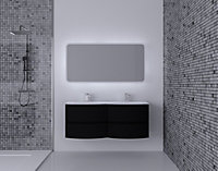 Ensemble Vague L.138 cm meuble sous vasque à suspendre noir mat + plan double vasque verre blanc