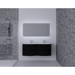 Ensemble Vague L.138 cm meuble sous vasque à suspendre noir mat + plan double vasque verre blanc