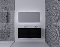 Ensemble Vague L.138 cm meuble sous vasque à suspendre noir mat + plan double vasque verre noir mat