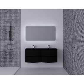 Ensemble Vague L.138 cm meuble sous vasque à suspendre noir mat + plan double vasque verre noir mat