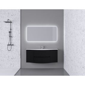 Ensemble Vague L.138 cm meuble sous vasque à suspendre noir mat + plan vasque central résine blanc