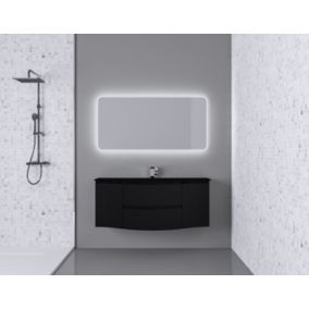 Ensemble Vague L.138 cm meuble sous vasque à suspendre noir mat + plan vasque central verre noir mat