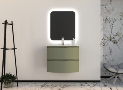 Ensemble Vague L.70 cm meuble sous vasque kaki mat + plan vasque résine blanc