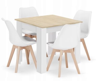 Ensemble Valora : table carrée 80 x 80 cm, chêne Sonoma + 4 chaises RIKX blanches (x4)