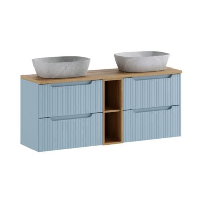 Ensemble VANO bleu denim et chene clair 140cm : meubles sous vasque à tiroirs avec niches visibles et vasques grises
