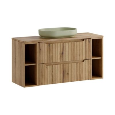 Ensemble VANO chene clair 120cm : meubles sous vasque à tiroirs avec niches visibles et plan pour vasque et vasque à poser ovale