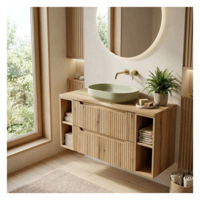 Ensemble VANO chene clair 120cm : meubles sous vasque à tiroirs avec niches visibles et plan pour vasque et vasque à poser ovale
