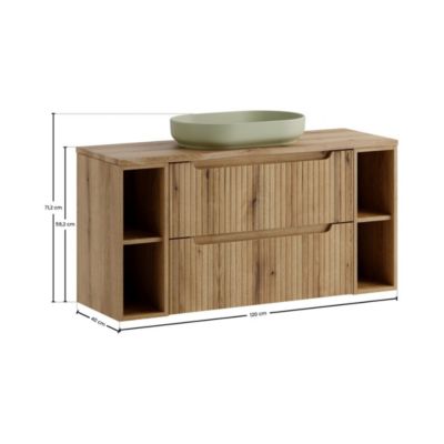 Ensemble VANO chene clair 120cm : meubles sous vasque à tiroirs avec niches visibles et plan pour vasque et vasque à poser ovale